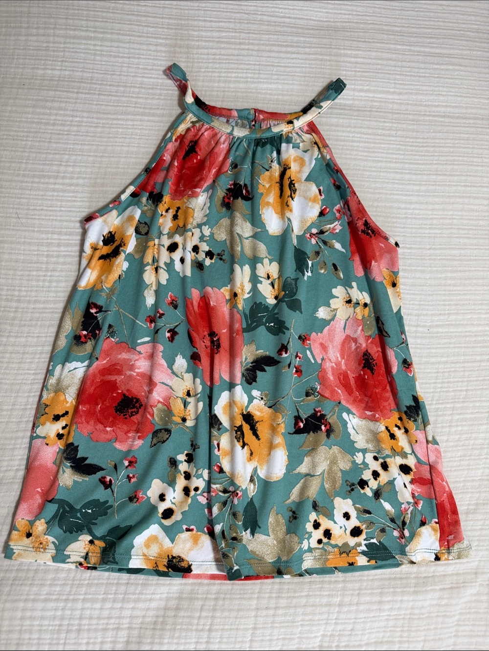 Papermoon Floral Halter Tank Top in Teal, Coral & Mustard